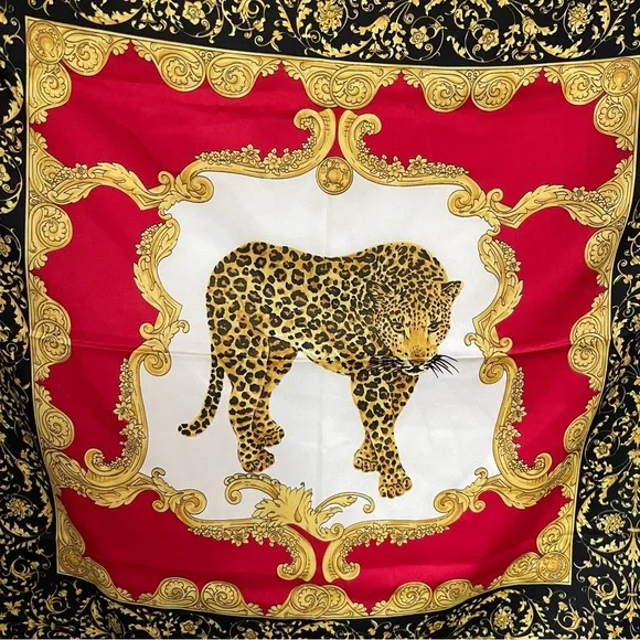 Vintage Made in Italy Leopard Print Scarf | Red Black Gold Baroque Square - Picture 4 of 7